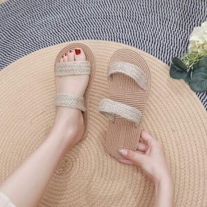 Women's Summer Sandals, Braided Rope Decorated Woven Sole Flat Sandals, Casual Breathable Material Flip Flops For Holiday