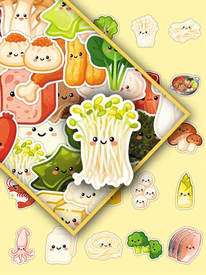 50张可爱火锅食材卡通中国传统美食疗愈装饰冰箱贴