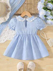 女童公主风彼得潘领荷叶边蝴蝶提花短袖连衣裙，休闲日常穿着，夏季 - 淺色水洗藍 - 查看 2
