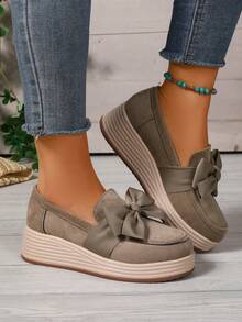 2026 Spring Autumn New Sweet Bow Wedge Loafers For Women Suede Slip-On Platform Wedge Pumps Daily Commute Date Shopping Casual Shoes - Khaki - View 3