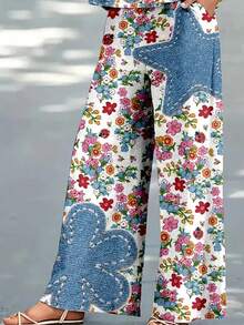 Vacation Must Have Women's Floral & Denim Applique Sleeveless Set, Sweet Retro Loose Wide Leg Pants Two-Piece Set - 彩色 - 查看 6