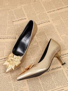 时尚蝴蝶结套脚式女士高跟鞋，仙女风百搭尖头高跟鞋，适合商务、派对、婚礼等场合。 - 金色 - 查看 4