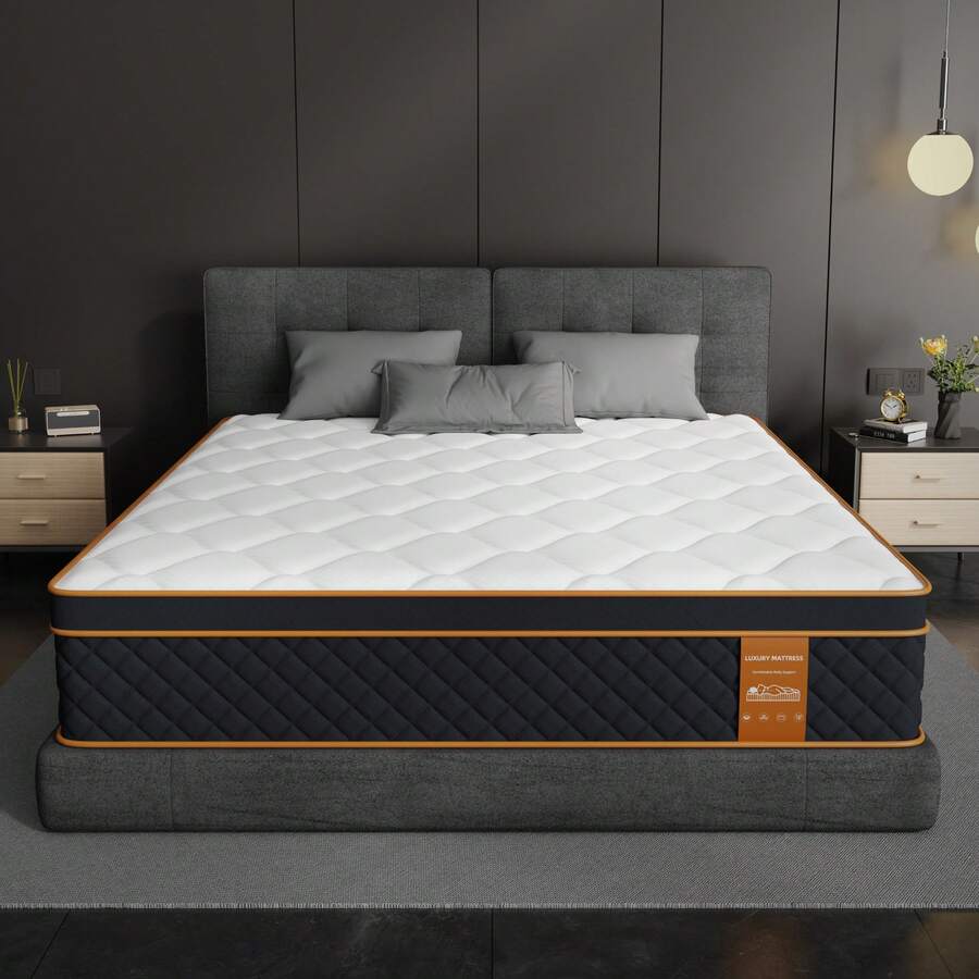SEBRUANC 25cm Versatile Hybrid Mattress, Suitable For Single/Small Double/Twin/King/Super King Beds, 7-Zone Pocket Spring Core And Memory Foam, Quilted Microfiber Cover, Motion Isolation And Edge Support, CertiPUR-US Certified - 黑與白 - 查看 1