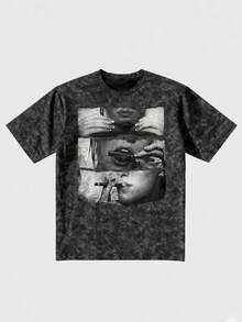 做旧肖像“复古做旧美学”青少年T恤，常规版型，2026复古电影图案T恤，舒适酸洗短袖上衣，独特的街头服饰Pinterest风格休闲黑色 - 黑色 - 查看 3