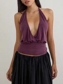 Women's Summer Halter Tops Stylish Solid Ruched Slim Fit Backless Sleeveless Vest - Màu tím - Xem 2