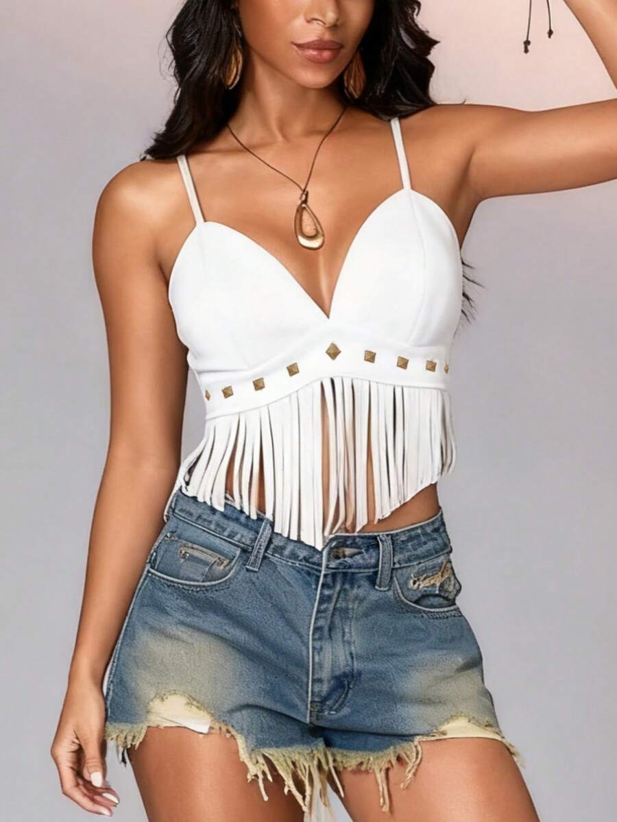 Women's Y2K Studded Tassel Fringe Camisole Tank Top Spaghetti Strap V Neck Faux Leather Cami Crop Tops Sleeveless Backless Sim Fit Suede Vest Shirt Vintage 70s Hippie Cowgirl Cowboy Country Concert Western Camisole Concert Vintage Outfits Streetwear - 白色 - 查看 1