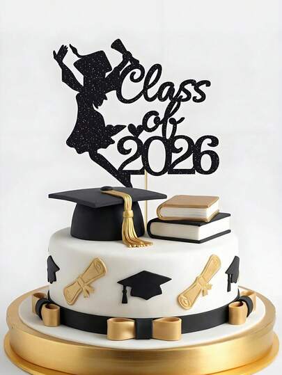 1个黑色闪光2026届毕业蛋糕装饰插牌 - 女毕业生剪影设计，祝贺毕业派对装饰，适用于高中/大学毕业典礼，毕业派对装饰品，拍照道具