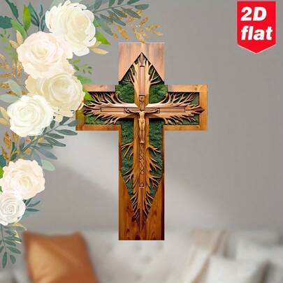 [2D Flat]1pc Retro Luxurious Gold Plating Cross Wood Cross Wall Art Decoration, Farmhouse Style Art Logo, Home, Living Room, Office, Cafe, Festival, Indoor And Outdoor Decoration, Household Religious Decoration, Size 20.32x30.48 Cm, 2D Flat