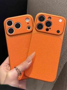 时尚荔枝纹皮革纹理大窗口手机壳，兼容 17 Pro Max、17 Pro、16 Pro Max、15、14 Pro、13、12 Pro、17，摄像头保护，磨砂软边防摔保护套 - 橘色 - 查看 3