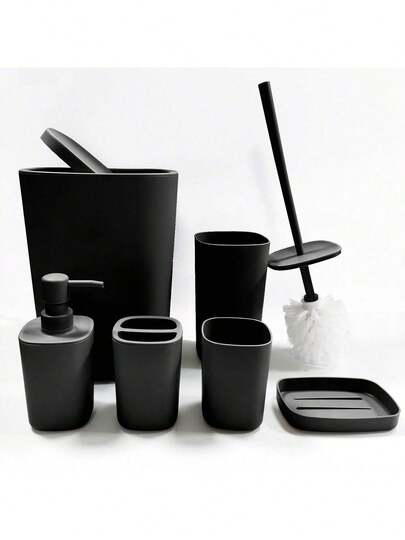 Bộ phụ kiện phòng tắm 6 món, bao gồm giá đựng bàn chải đánh răng, cốc đựng bàn chải đánh răng, bình đựng xà phòng, khay đựng xà phòng, giá đựng bàn chải vệ sinh và thùng rác, thích hợp làm quà tặng sinh nhật, tân gia, quà tặng ngày lễ, có các màu be, trắng, đỏ, xám và đen.