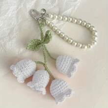 Creative Cute Girl Pearl Chain Yarn Crochet Orchid Flower Keychain Bag Decoration Buckle - trắng - Xem 2