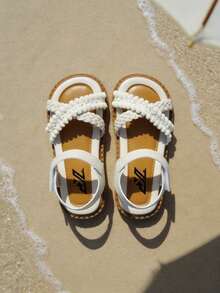 Adjustable Kids Sandals Girls Flats Shoes Off-White Woven Double Layer Cross Straps Fringe Edge Gold Bead Detail Non-Slip Sole Hook And Loop Closure For 3-12 Years Old - Beige - View 3