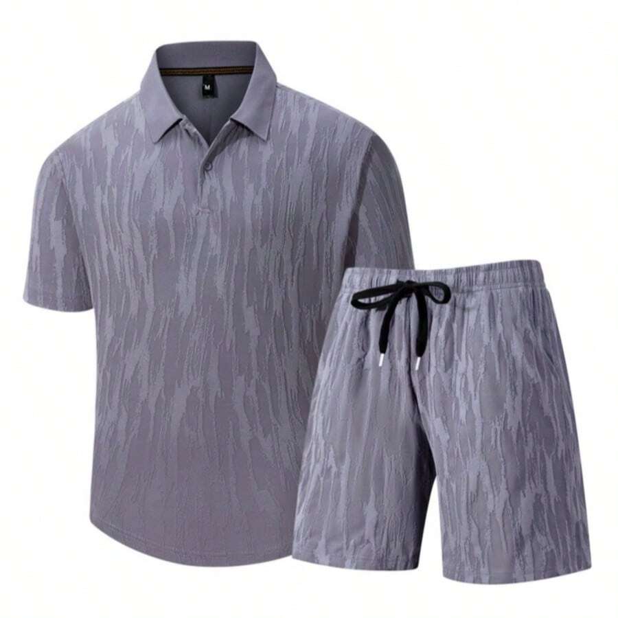 Men's Textured Knit Polo Two-Piece Set: Short-Sleeved Button-Front Polo Shirt And Elastic Waist Shorts - màu tím xám - Xem 1