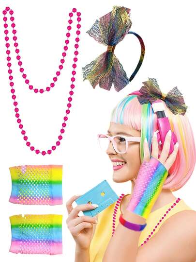 3Pcs D EXCEED 1980s Neon Costume Accessories For Women Lace Headband Beaded Necklace Fishnet Gloves For 80s Theme Party Concert Streetwear Band Performance Gift