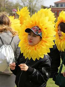 3pcs/1set Sunflower Headpiece, Green Leaf Gloves And Face Frame, Bright Yellow Petals Fun Performance Props, Durable Satin Texture, Suitable For Dance, Festival Games, Dance Accessories, Halloween, Christmas - A - View 2