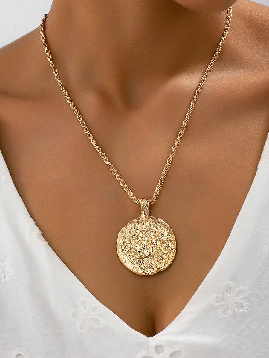 1件简约风格太阳几何图案圆形吊坠项链，百搭日常佩戴，适合女性 - 金黃色 - 查看 1