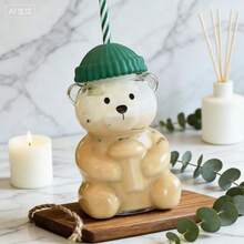 玻璃卡通熊吸管杯，果汁冷饮杯，牛奶咖啡杯，圣诞帽图案 - 綠色 - 查看 2