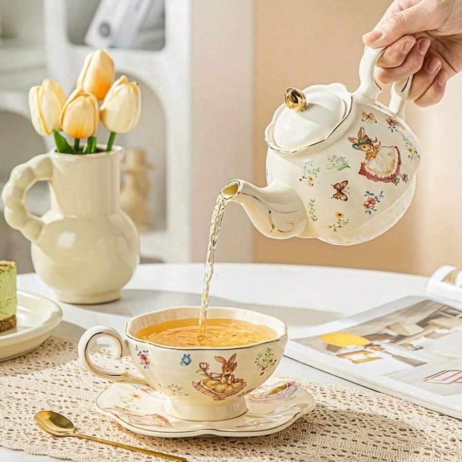 Ceramic Teapot Set, Ins Style High-Quality Coffee Cup & Saucer Set, Gilded Elegant Afternoon Tea Set For Women - Rabbit (1 Pot, 1 Compartment, 1 Cup, 1 Saucer, 1 Spoon) - View 1