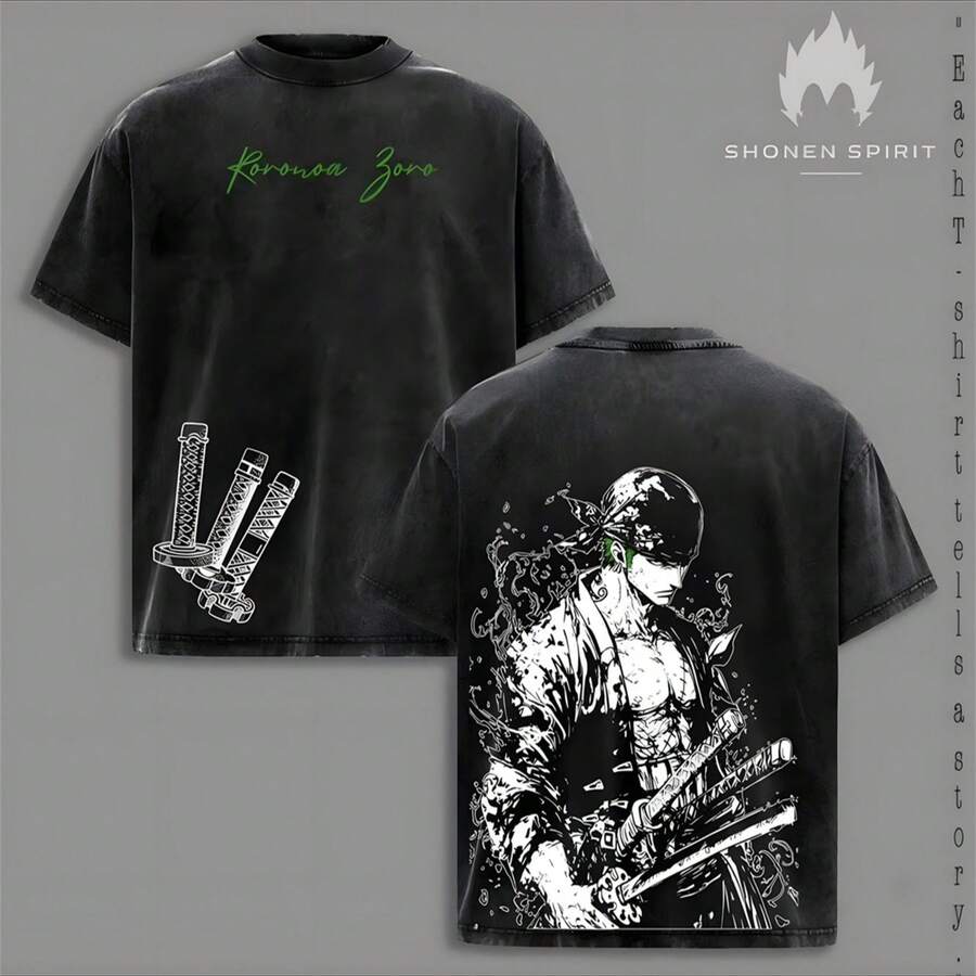 Roronoa Zoro T-Shirt,  Anime Tee,Three Sword Style Shirt, Santoryu Graphic Top,Vintage Washed Streetwear, Green AestheticDesign, Wano Arc Zoro Tee, UnisexOutfit, Shonen Spirit Collection Vintage Style Top - 黑色 - 查看 1