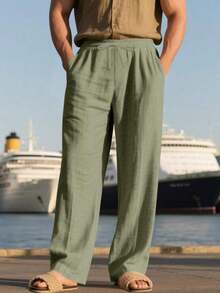 Men's Breathable Linen Loose Casual Sports Pants, Suitable Beach, Spring/Summer - 軍綠色 - 查看 4
