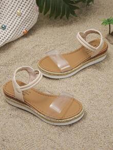 1 Pair Girls' Transparent Thick Sole Sandals (Runs Small), Summer Rope Woven Comfortable Lightweight Children's Shoes, Square Toe Fashion Sandals For Girls, Suitable For School And Daily Wear - Krem - View 4
