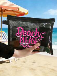 Bolsa de maquillaje de playa de gran capacidad con diseño de letras y palmeras - Multicolor - Ver 4