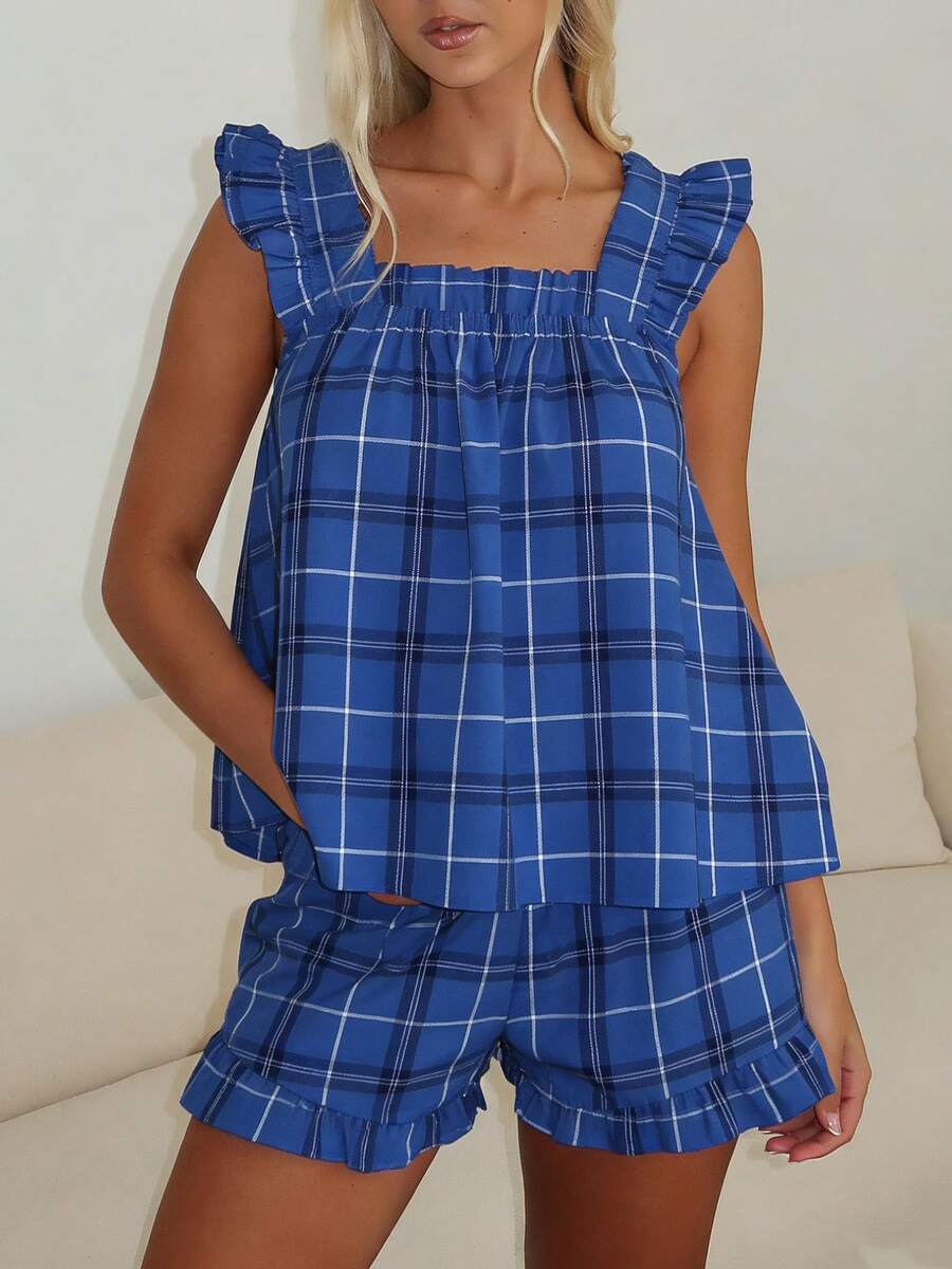 Women Summer Pajama Set Solid Flying Sleeve Tank Tops And Ruffle Shorts 2 Piece Casual Lounge Outfit