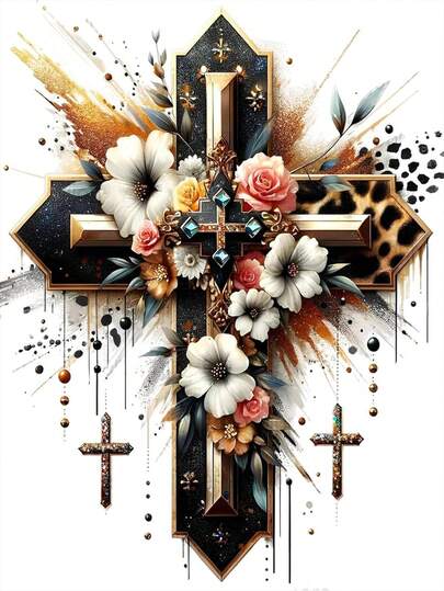1pc DIY Diamond Painting Kit - Cross & Flower Design, Full Drill, Home Decor, 30*40cm/40x50cm