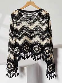 Spring/Summer New Black & White Contrast Wave Crochet Knit Sweater Women, Fringe Hem Round Neck Long Sleeve Lightweight Sheer Cover Up - Black and White - View 2
