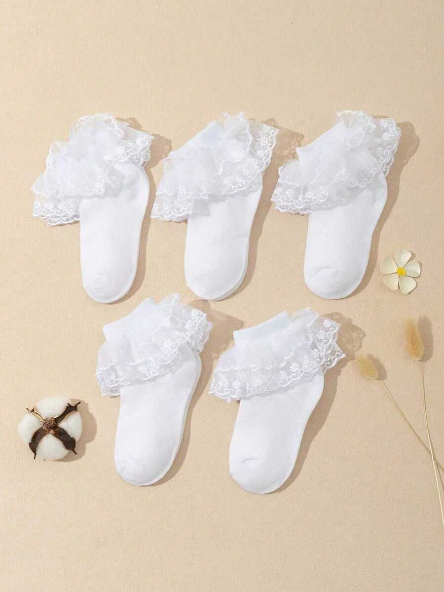5 Pairs Girls Lace Trim Solid Color Ankle Socks, Princess Style Socks Suitable For Toddlers And Big Kids - White - View 1