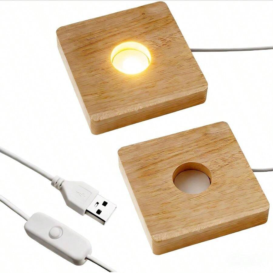 2pcs LED Wood Light Base 3D Glass Art, Resin Art Acrylic - Square Lighted Lamp Stand Pedestal Tabletop, Cabinet, Bedside Sphere Display - 方形燈 2 個 - 查看 1