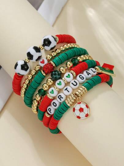 Set de 7 piezas con tema de la Copa del Mundo, que incluye arcilla suave, cuentas de arcilla Shamballa con diseño de fútbol, cuentas de CCB, dijes con forma de corazón, pulsera elástica de Portugal, adecuado para regalos y reuniones