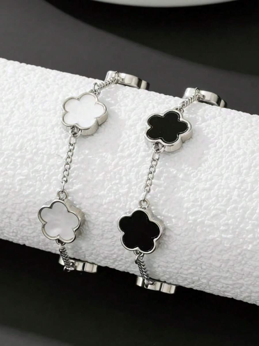 Single/Double Simple Fashion Classic Black And White Five-Leaf Clover Chain Bracelet Set Birthday Gift - Black and White - View 1