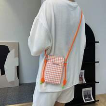 格纹迷你斜挎包，男女通用休闲单肩包，零钱包 - 橘色 - 查看 6