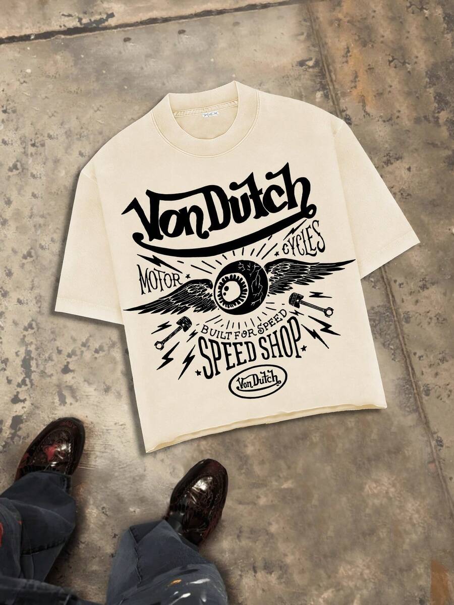 Flying Eyeball Wing Motorcycle "SPEED SHOP" Vintage Graphic Men's 230g Combed Cotton T-Shirt, American Motorcycle & Streetwear Enthusiast Short-Sleeve Top, Summer Crew Neck Top, Y2K Streetwear Suitable For Summer Daily Casual Wear, Streetwear For Young People, Unisex - Màu be - Xem 1