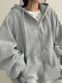 Women's Solid Color Raglan Sleeve Long Sleeve Casual Loose Drawstring Fleece Hoodie, Autumn/Winter - Light Grey - View 5