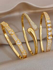 18K Gold Plated Anti-Fading Elegant Heart Sparkling Zirconia Twisted Knot Bangle Bracelet Set, Gifts For Mom, For Daily Wear, Weddings, Suitable For Daily Life, Parties, Dates, Beach, Beach Jewelry, Mother's Day Gift, Valentine's Day Gifts, Spring, Wedding Supplies, Summer Accessories - Multicolor - View 1