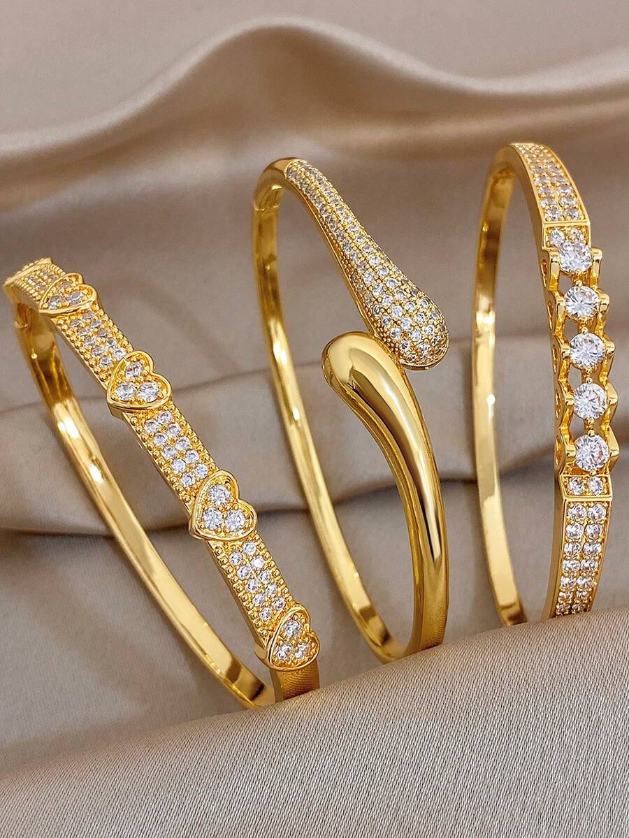 18K Gold Plated Anti-Fading Elegant Heart Sparkling Zirconia Twisted Knot Bangle Bracelet Set, Gifts For Mom, For Daily Wear, Weddings, Suitable For Daily Life, Parties, Dates, Beach, Beach Jewelry, Mother's Day Gift, Valentine's Day Gifts, Spring, Wedding Supplies, Summer Accessories - Multicolor - View 1