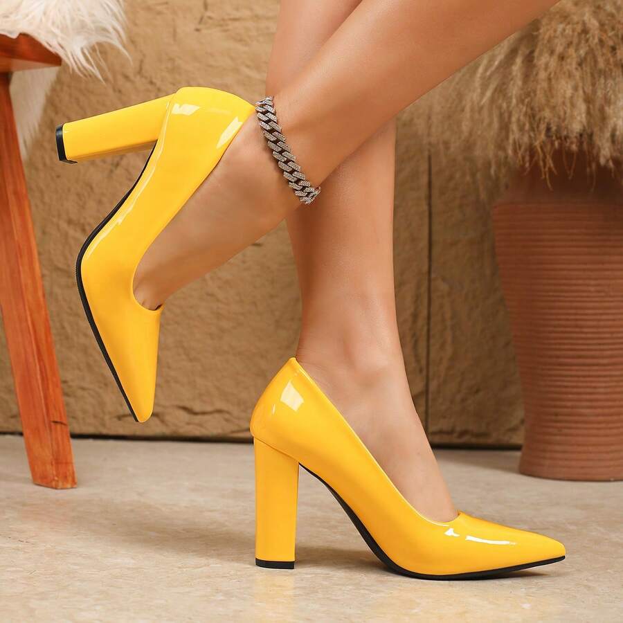 Women's Bright Yellow Patent Leather Block Heel Pumps – Elegant Pointed-Toe High Heels For Parties & Daily Wear - vàng nhạt - Xem 1