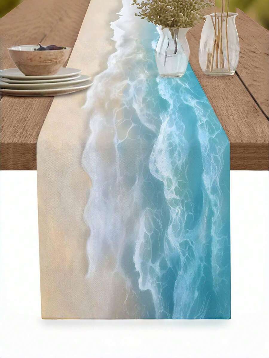 1 pieza Camino de mesa impreso con onda degradada, estilo de resort de playa con onda y arena, camino de mesa rectangular de lino para uso diario, boda, fiesta, adecuado para mesa de comedor, gabinete, sala de estar - Celeste - Ver 1