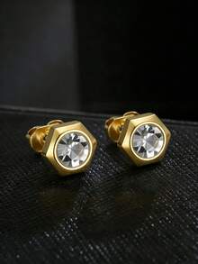 1 đôi khuyên tai nam unisex bằng thép không gỉ hình lục giác đính đá Cubic Zirconia, thiết kế hình học tối giản, phù hợp để đeo hàng ngày. - Hoa tai - Xem 2