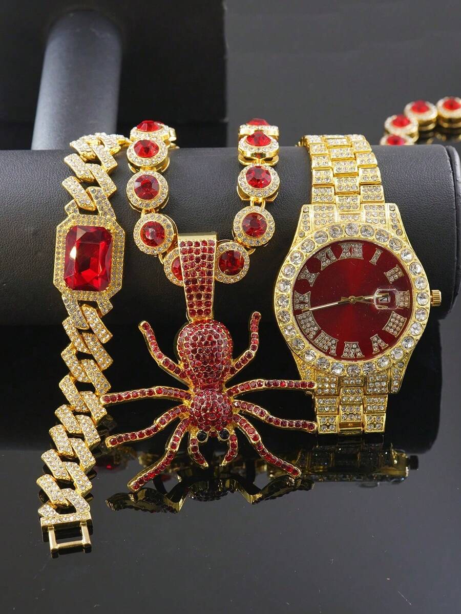 1 Set Hiphop New Bulldog Pendant Rhombus Cuban Chain Necklace Bracelet, Men's Red Watch Strap, Stylish Cool Men Accessories - Red - View 1