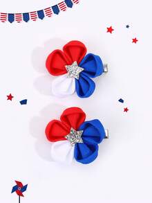 2pcs/Set 4th Of July Patriotic Style Girls Red White Blue Glitter Hair Clips, Independence Day Bow, Alligator Clips, Floral, Star Pattern Hair Accessories, Holiday Party Decorations For Teens - Multicolor - View 6