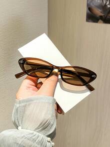 1 PC Women's Retro Narrow Cat Eye Fashion Glasses Solid Color Polycarbonate Frame Tea Tinted Lenses Lightweight Suitable For Vacation Outing With Glasses Box - 彩色 - 查看 14
