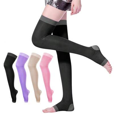 Thigh High Compression Socks, Firm Support 20-30 MmHg Gradient Compression Stockings With Silicone Band, For Nurses Running Travel, Open Toe