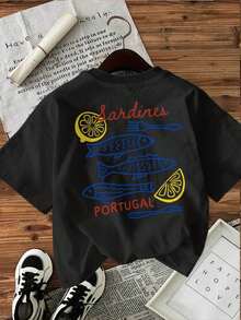[Double-Sided Print]Summer Casual Women's Top, Hand-Painted Style, Sardines, Lemon, Sardines PORTUGAL Print, Round Neck, Pure Cotton Short-Sleeve T-Shirt[LingK]Summer Outfits For Women 3Z4T - 黑色 - 查看 11