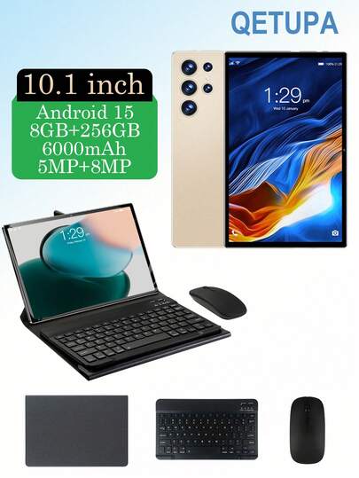 Qetupa 10.1英寸安卓15平板电脑，配备保护套、键盘和鼠标，8GB内存+256GB存储空间（支持1TB SD卡扩展），MTK8788八核2.0GHz处理器，高清(1280x800) IPS触控屏，500万像素前置摄像头和800万像素后置摄像头，6000mAh电池，支持蓝牙5.2、802.11ax Wi-Fi 6、GPS和Type-C充电。