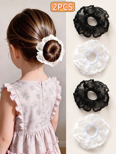 2 Stücke/Set Mädchen Schwarz & Weiß Spitzenbesatz Haargummis, Vintage Europäischer und Amerikanischer Haarschmuck geeignet für tägliche Dutt-Frisuren, Hochsteckfrisuren, Tanzaufführungen, zum Kreieren von süßen Prinzessinnen- oder eleganten Mädchen-Styles