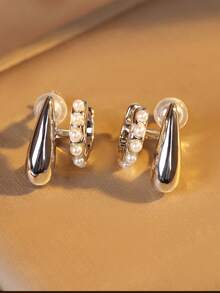 1对时尚新款仿珍珠半圆水滴铜质耳环，夹式耳环，优雅气质，适合日常佩戴 - 耳夾 - 查看 11