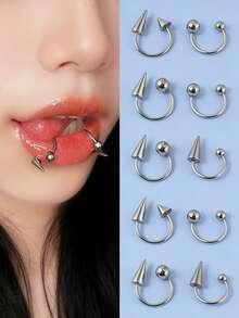2PCS/6PCS 361L Stainless Steel Lip Ring Horseshoe Labret Ring Piercing Punk Spike Nose Ring Eyebrow Tongue Piercing Jewelry - As Shown - View 1